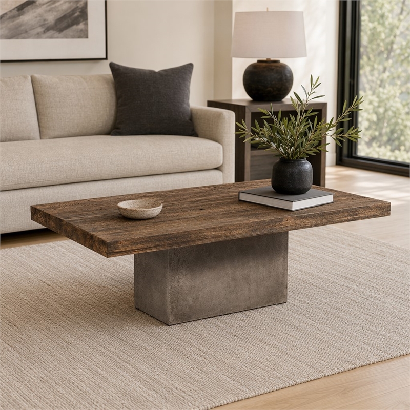 Pemberly Row Oak Wood Coffee Table with Concrete Base in Walnut Finish