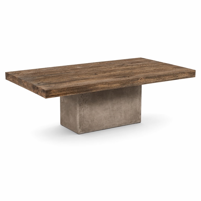 Pemberly Row Oak Wood Coffee Table with Concrete Base in Walnut Finish