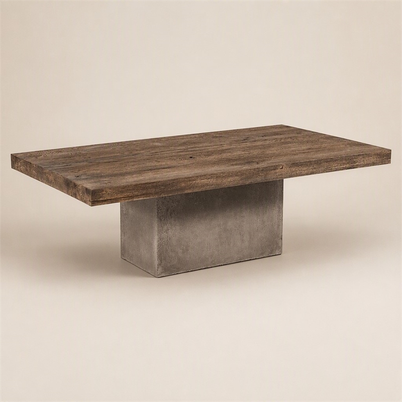 Pemberly Row Oak Wood Coffee Table with Concrete Base in Walnut Finish