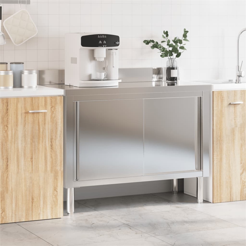 Pemberly Row Stainless Steel Kitchen Work Table with Sliding Doors