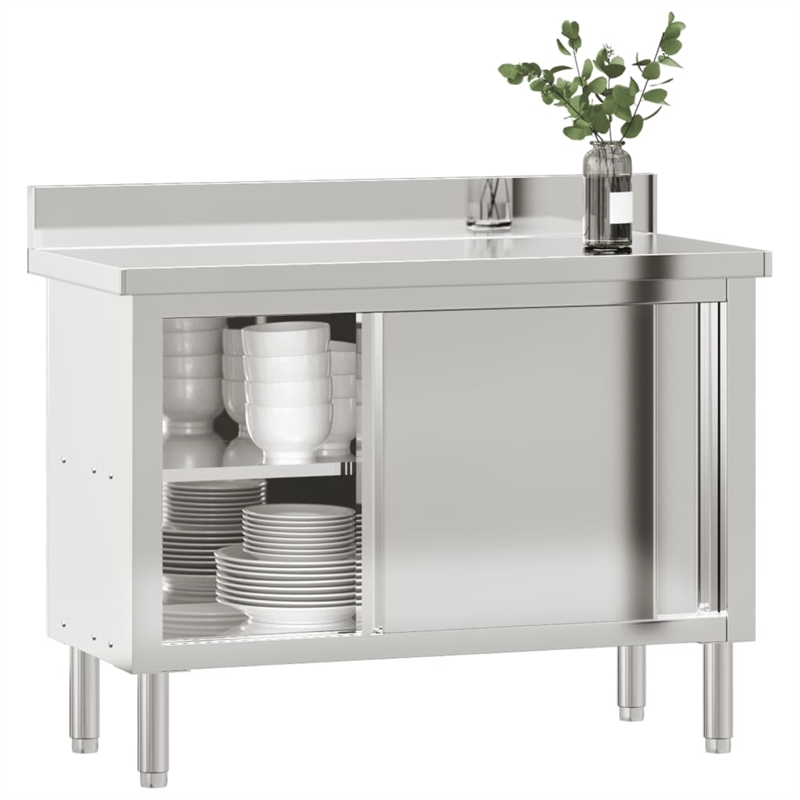 Pemberly Row Stainless Steel Kitchen Work Table with Sliding Doors