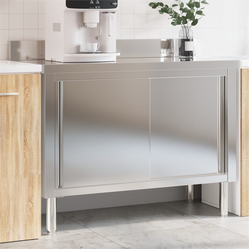 Pemberly Row Stainless Steel Kitchen Work Table with Sliding Doors