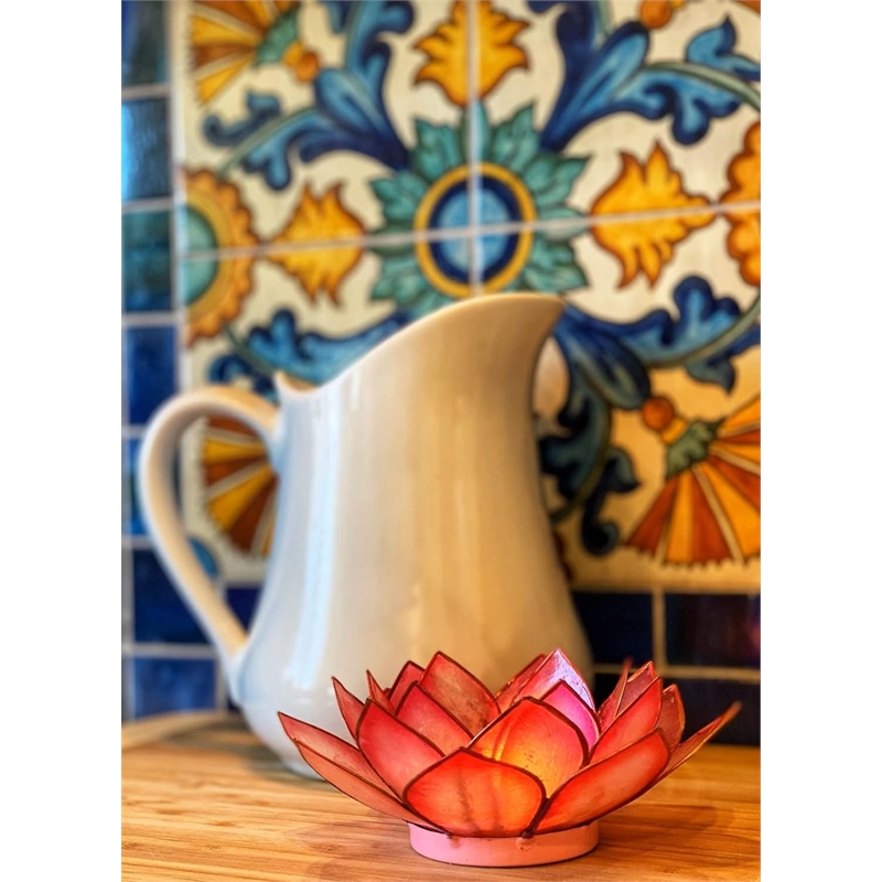 Pemberly Row Handmade Capiz Shell Lotus Tea Light Holder in Pink Finish