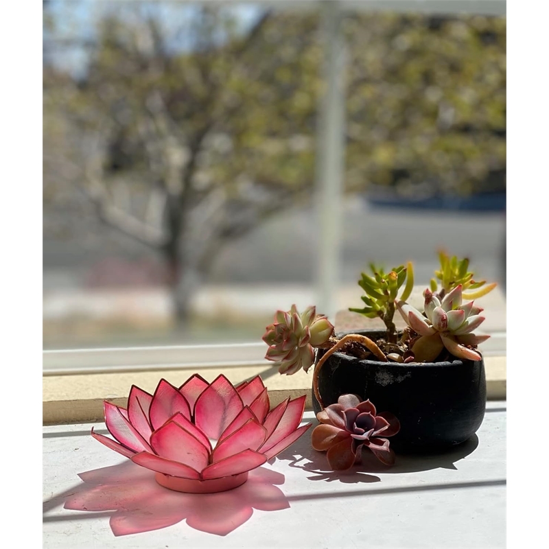 Pemberly Row Handmade Capiz Shell Lotus Tea Light Holder in Pink Finish