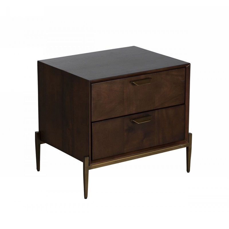 Pemberly Row Shane Modern Acacia Nightstand in Dark Brown with Brass