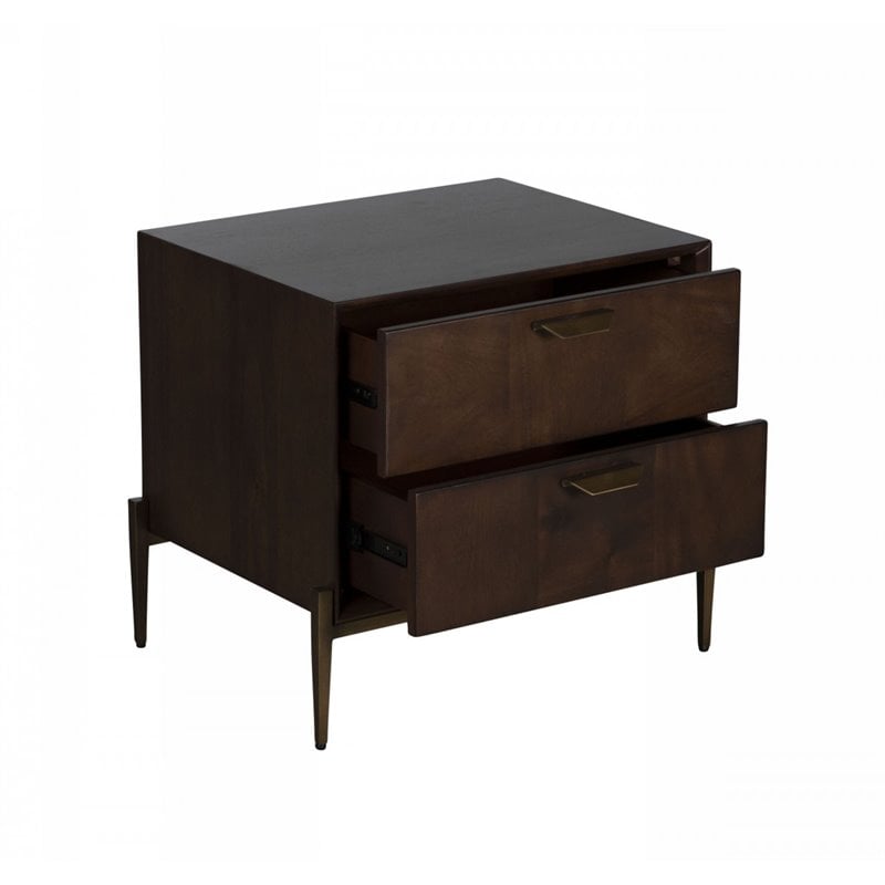 Pemberly Row Shane Modern Acacia Nightstand in Dark Brown with Brass