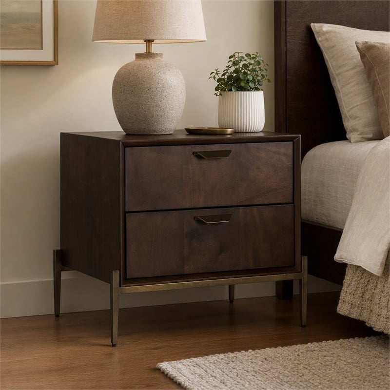 Pemberly Row Shane Modern Acacia Nightstand in Dark Brown with Brass
