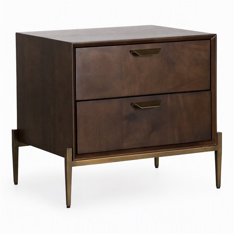 Pemberly Row Shane Modern Acacia Nightstand in Dark Brown with Brass
