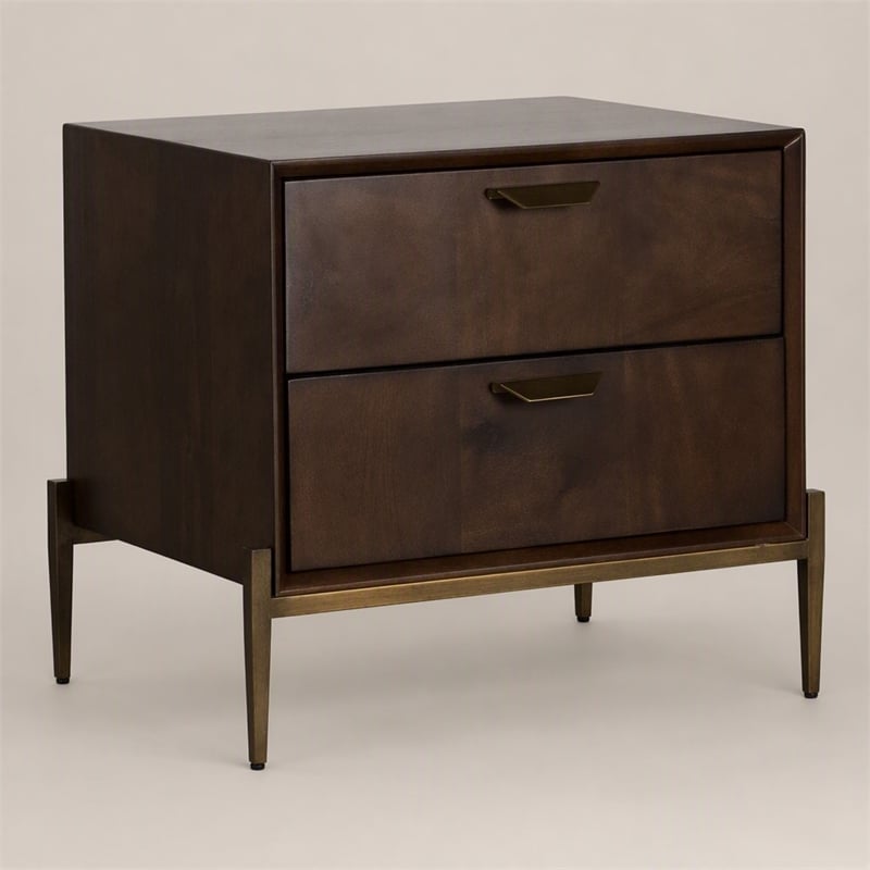 Pemberly Row Shane Modern Acacia Nightstand in Dark Brown with Brass
