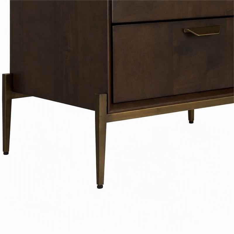 Pemberly Row Shane Modern Acacia Nightstand in Dark Brown with Brass