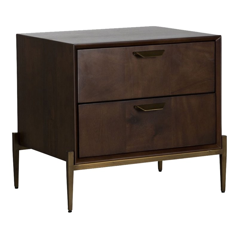 Pemberly Row Shane Modern Acacia Nightstand in Dark Brown with Brass