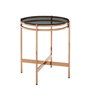 Pemberly Row Bradford Round Metal & Smoked Glass End Table in Rose Gold