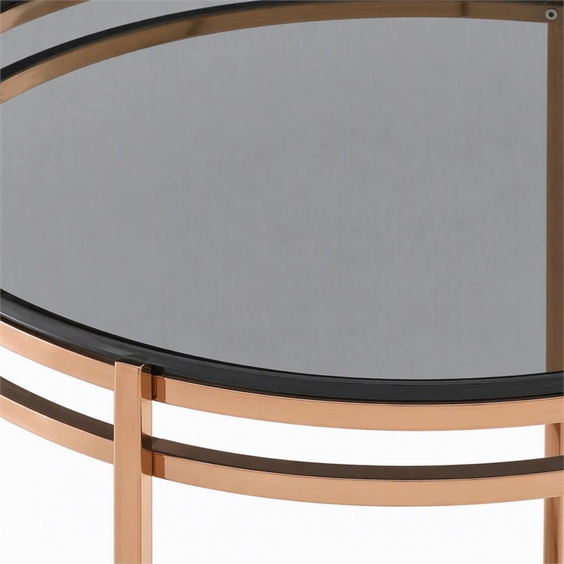 Pemberly Row Bradford Round Metal & Smoked Glass End Table in Rose Gold