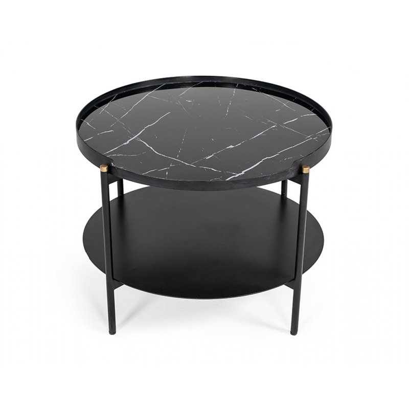 Pemberly Row Round Metal Coffee Table in Black Finish with Open Shelf