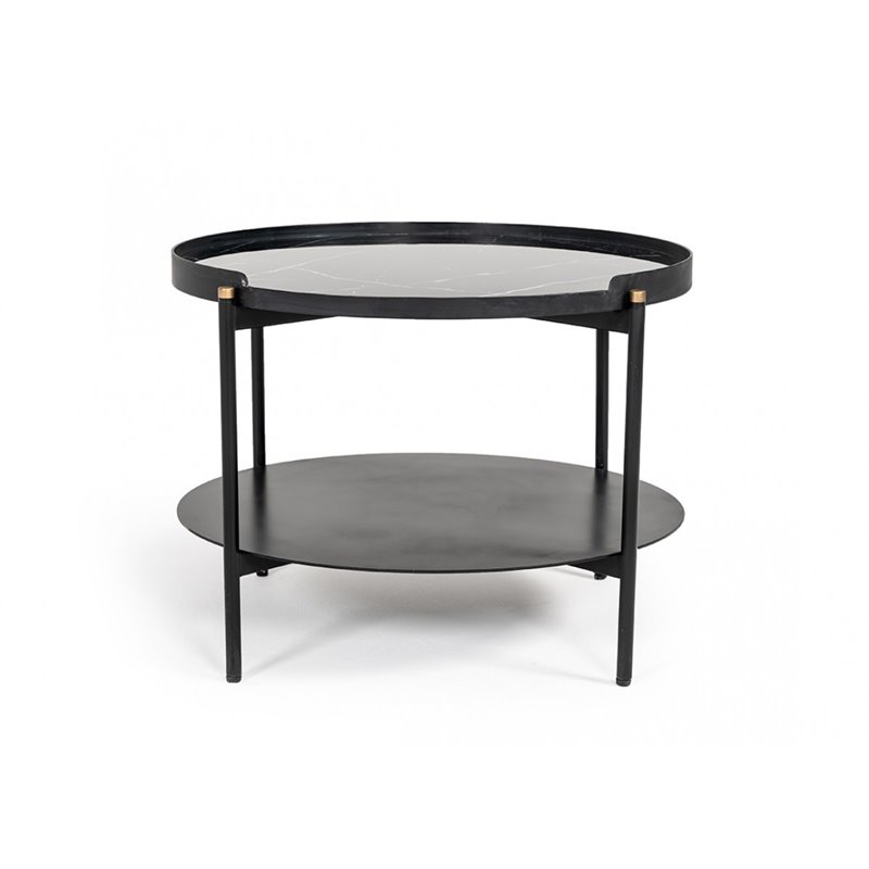 Pemberly Row Round Metal Coffee Table in Black Finish with Open Shelf