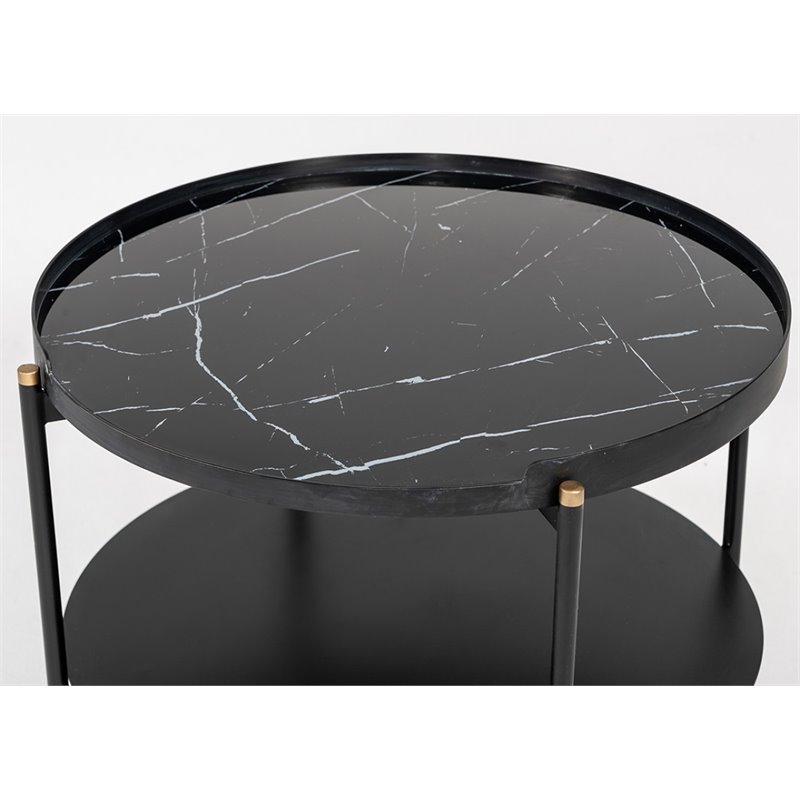 Pemberly Row Round Metal Coffee Table in Black Finish with Open Shelf