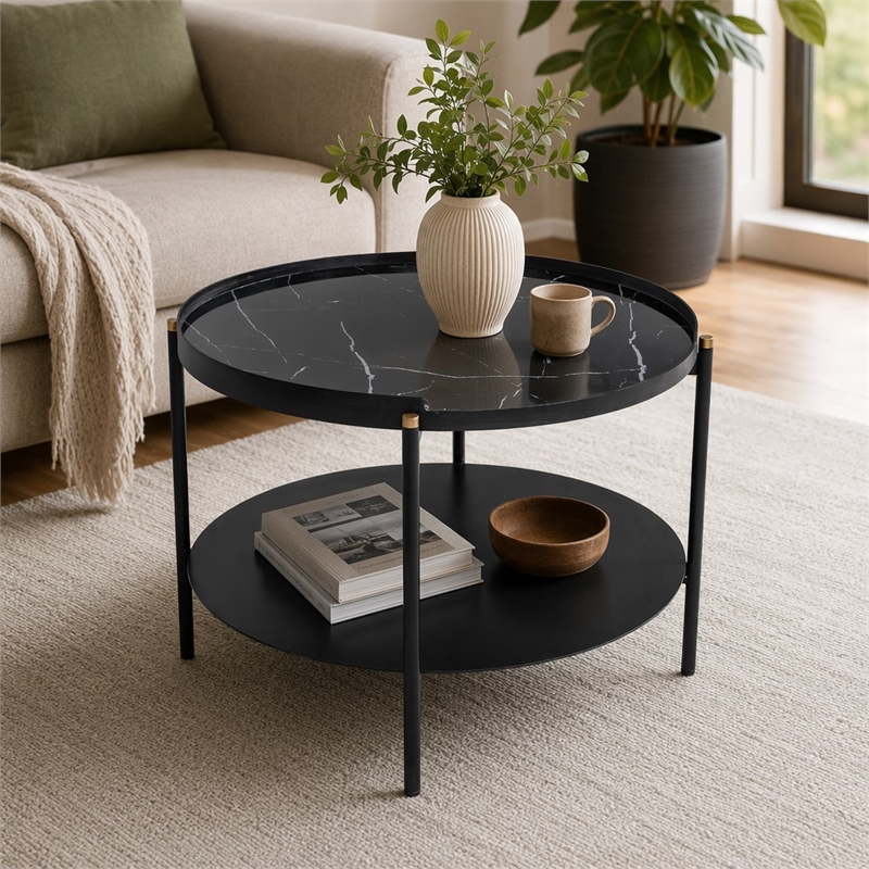 Pemberly Row Round Metal Coffee Table in Black Finish with Open Shelf