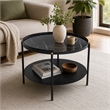 Pemberly Row Round Metal Coffee Table in Black Finish with Open Shelf
