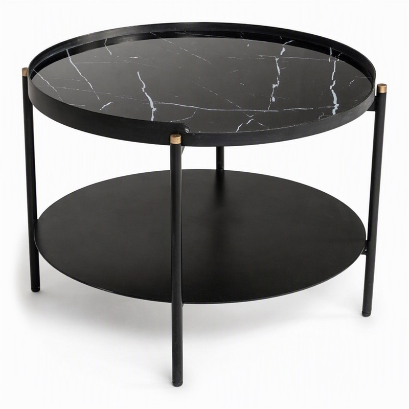 Pemberly Row Round Metal Coffee Table in Black Finish with Open Shelf