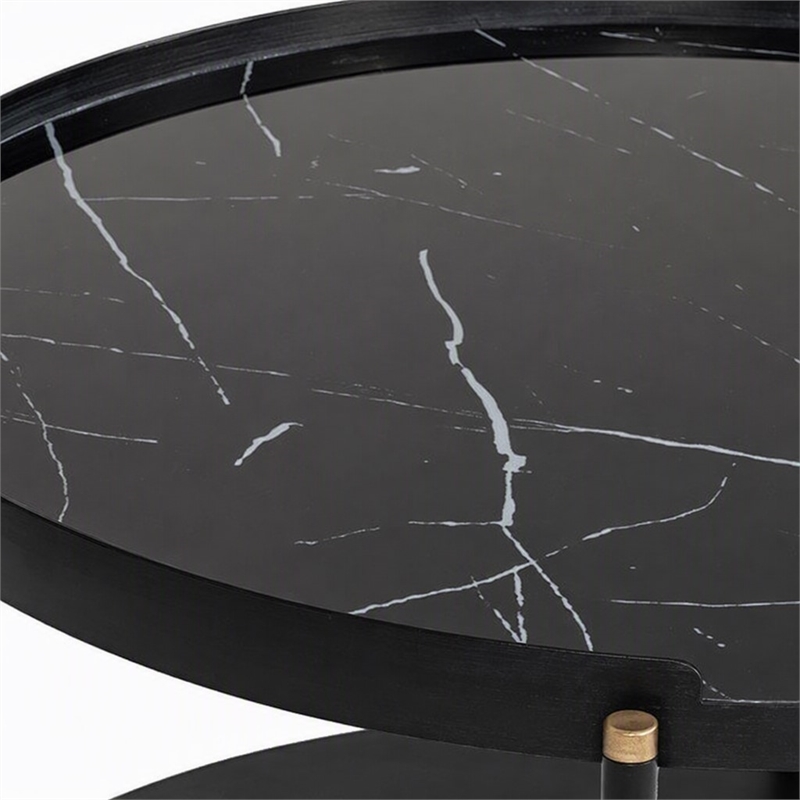 Pemberly Row Round Metal Coffee Table in Black Finish with Open Shelf