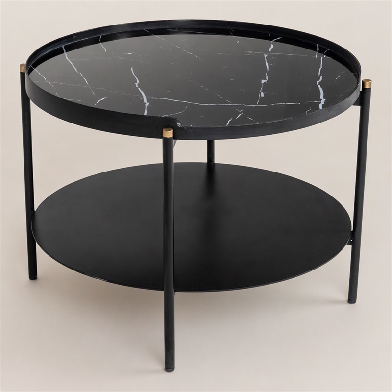 Pemberly Row Round Metal Coffee Table in Black Finish with Open Shelf