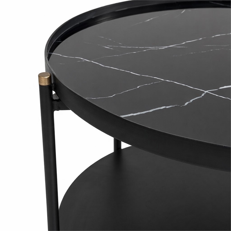 Pemberly Row Round Metal Coffee Table in Black Finish with Open Shelf