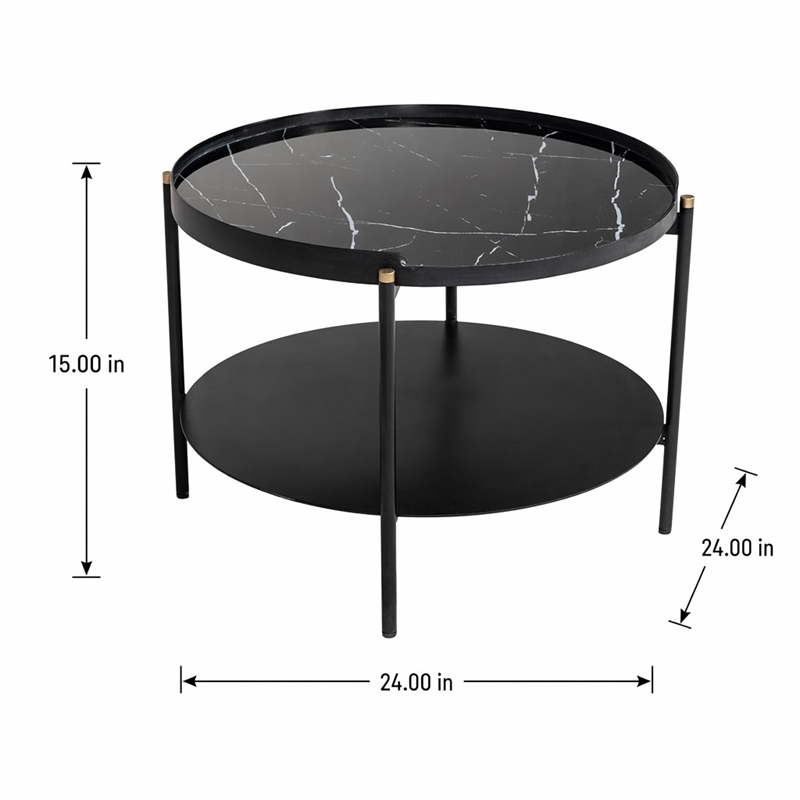 Pemberly Row Round Metal Coffee Table in Black Finish with Open Shelf
