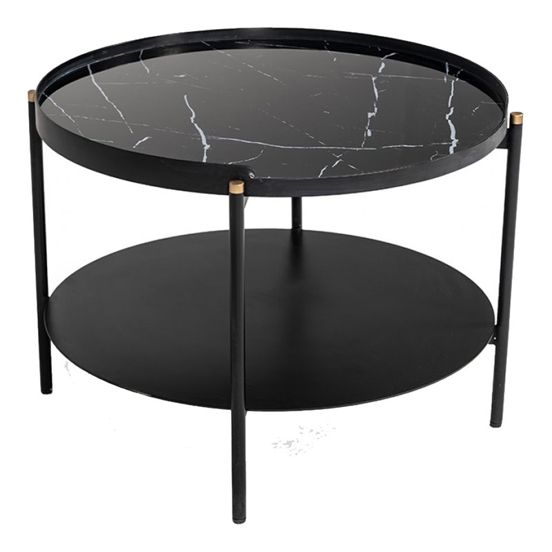 Pemberly Row Round Metal Coffee Table in Black Finish with Open Shelf