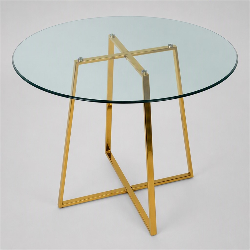 Pemberly Row Round Metal and Glass Dining Table in Gold and Clear