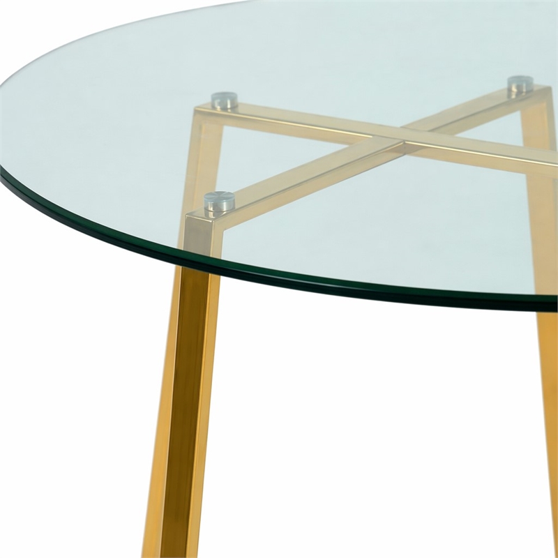 Pemberly Row Round Metal and Glass Dining Table in Gold and Clear