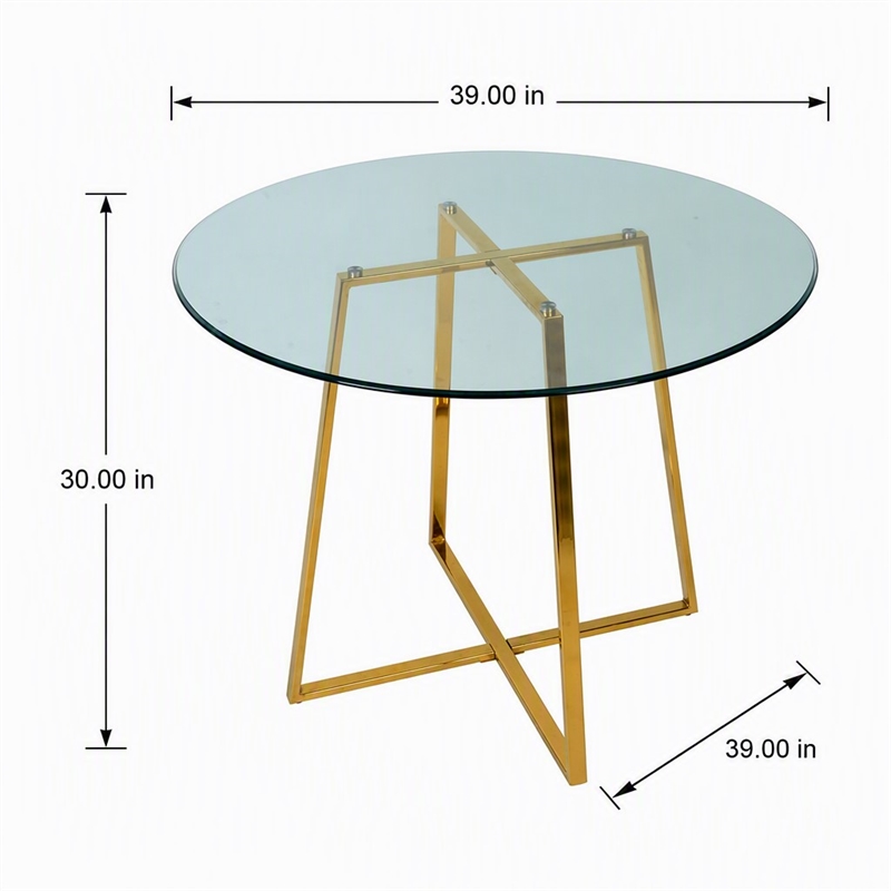 Pemberly Row Round Metal and Glass Dining Table in Gold and Clear