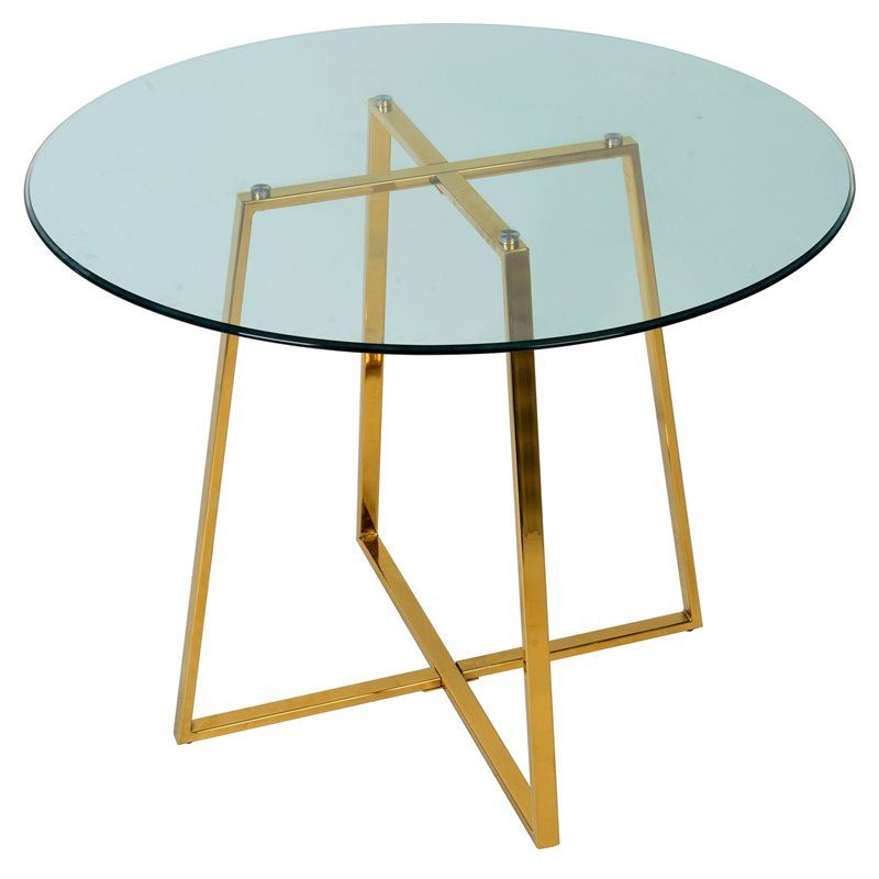 Pemberly Row Round Metal and Glass Dining Table in Gold and Clear