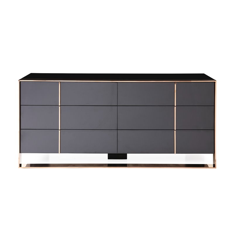 Pemberly Row Cartier MDF Wood and Stainless Steel 6-Drawer Dresser in Black