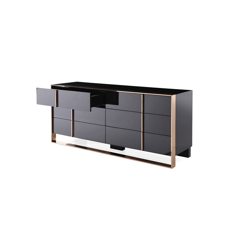 Pemberly Row Cartier MDF Wood and Stainless Steel 6-Drawer Dresser in Black