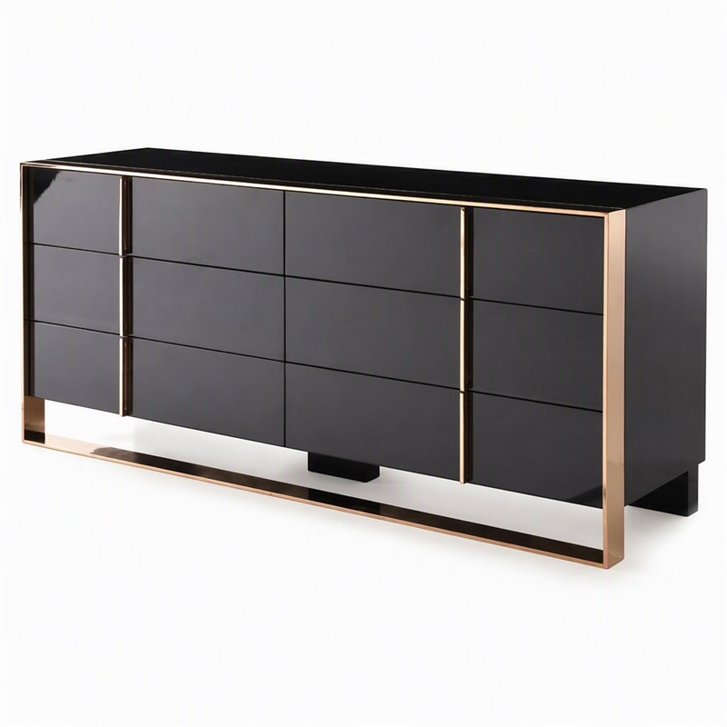 Pemberly Row Cartier MDF Wood and Stainless Steel 6-Drawer Dresser in Black