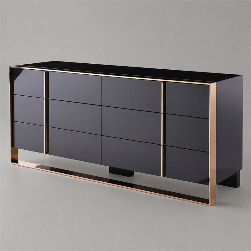 Pemberly Row Cartier MDF Wood and Stainless Steel 6-Drawer Dresser in Black