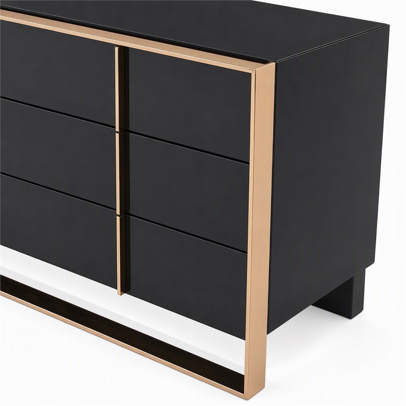 Pemberly Row Cartier MDF Wood and Stainless Steel 6-Drawer Dresser in Black