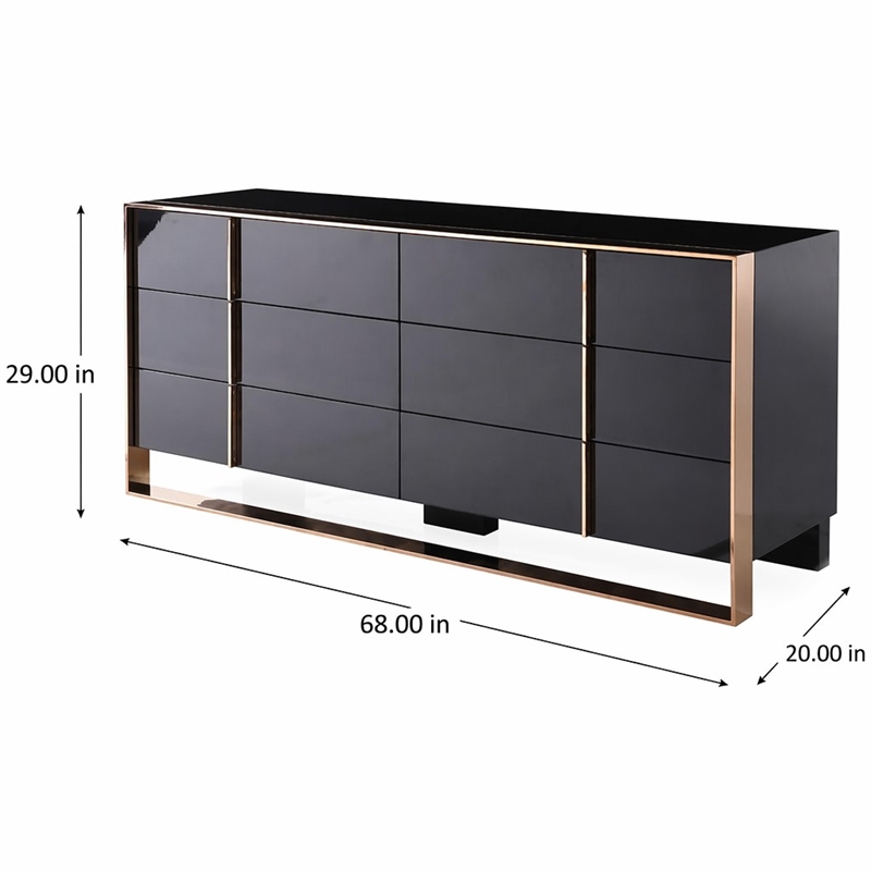 Pemberly Row Cartier MDF Wood and Stainless Steel 6-Drawer Dresser in Black