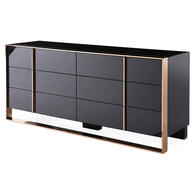 Pemberly Row Cartier MDF Wood and Stainless Steel 6-Drawer Dresser in Black