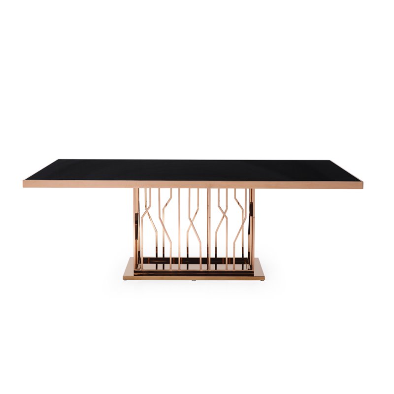 Pemberly Row Black Glass Dining Table with Polished Rose Gold Base for 6-8
