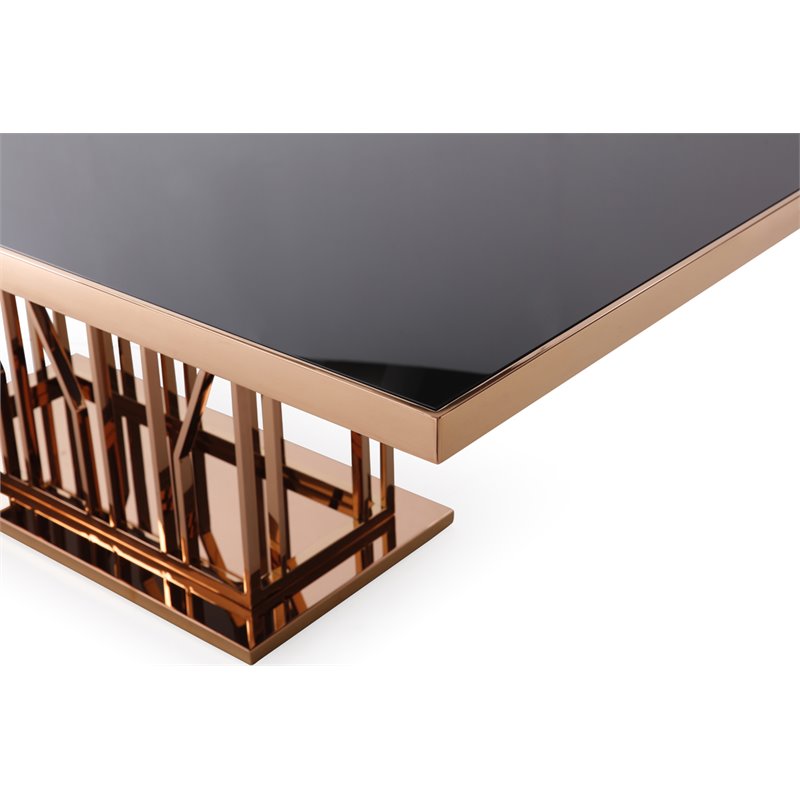 Pemberly Row Black Glass Dining Table with Polished Rose Gold Base for 6-8