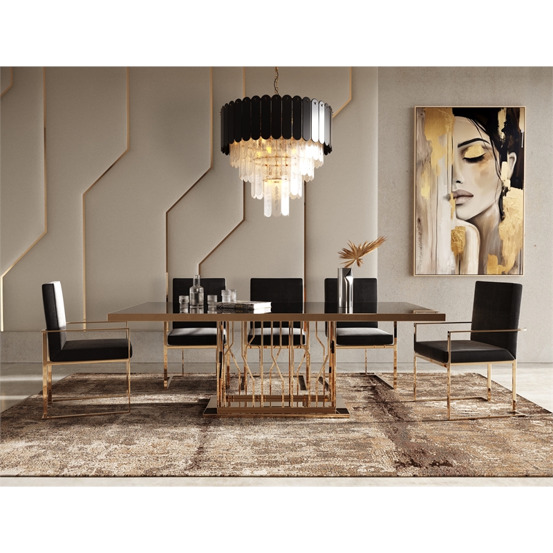Pemberly Row Black Glass Dining Table with Polished Rose Gold Base for 6-8