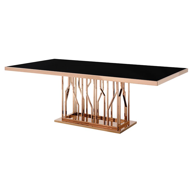 Pemberly Row Black Glass Dining Table with Polished Rose Gold Base for 6-8