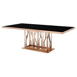 Pemberly Row Black Glass Dining Table with Polished Rose Gold Base for 6-8