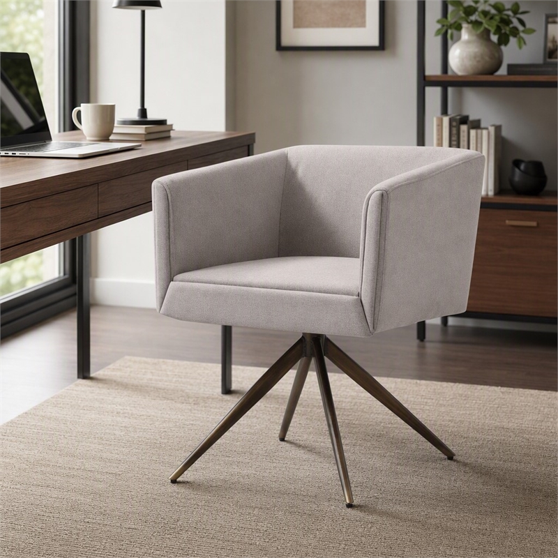 Pemberly Row Contemporary Fabric Dining Chair in Light Gray and Brass