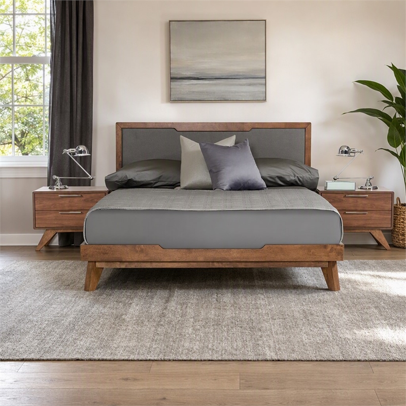 Pemberly Row Modern Fabric & Wood Eastern King Bed in Gray & Walnut
