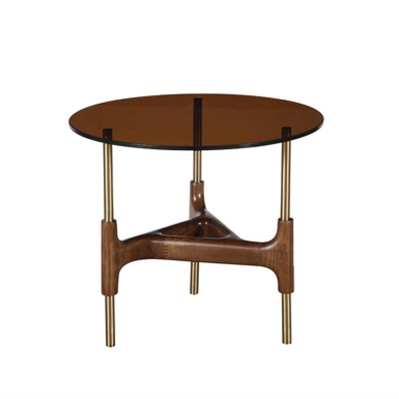 Pemberly Row Round Glass End Table with Walnut Finish and Gold Legs