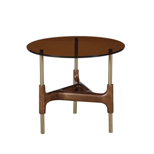Pemberly Row Round Glass End Table with Walnut Finish and Gold Legs