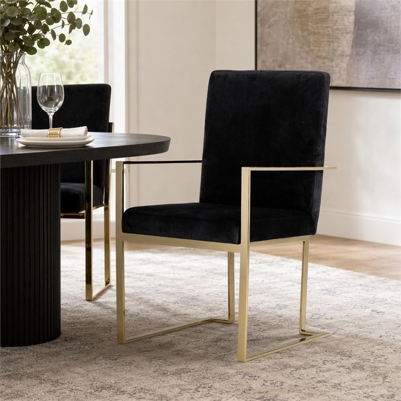 Pemberly Row Velvet Dining Chair with Stainless Steel Frame in Black and Gold