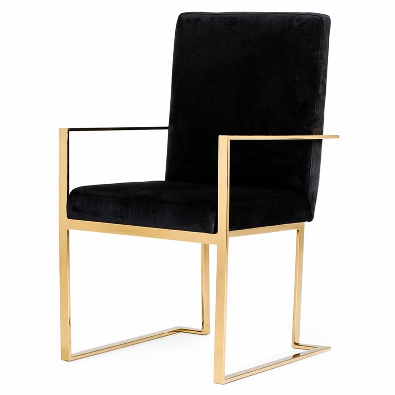 Pemberly Row Velvet Dining Chair with Stainless Steel Frame in Black and Gold